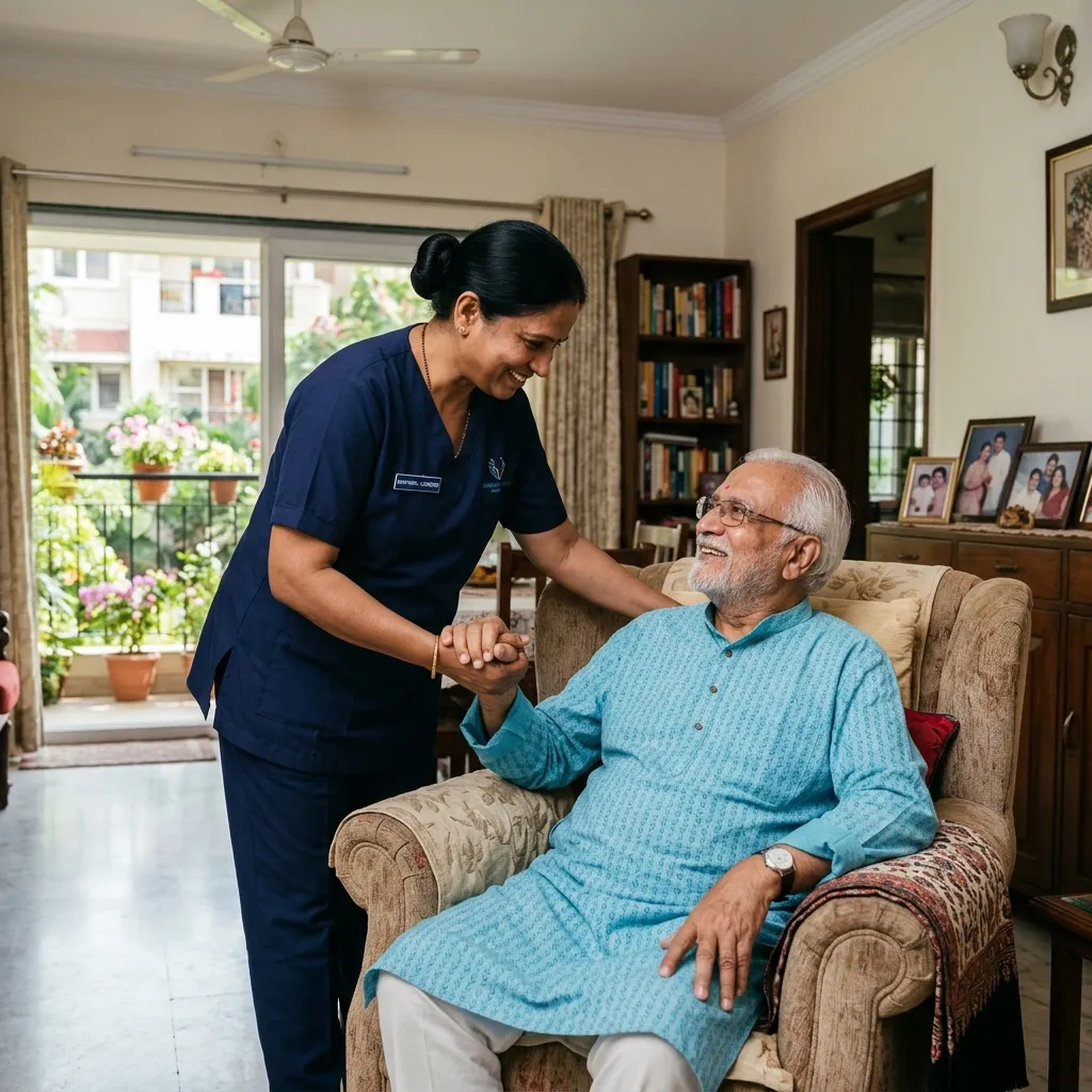 Elder care attendant helping a senior citizen