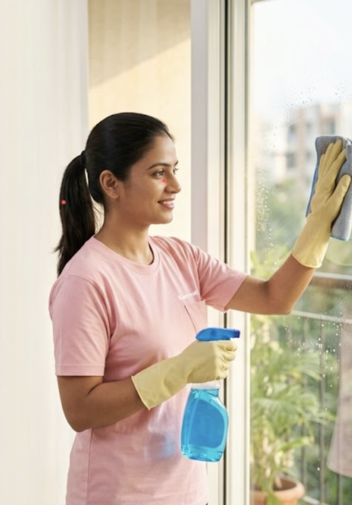 House maid cleaning window